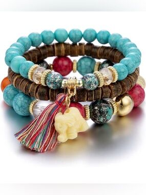 Rainbow Tassel Multicolor Beaded Stack Bracelets with Tassel and Elephant Charm